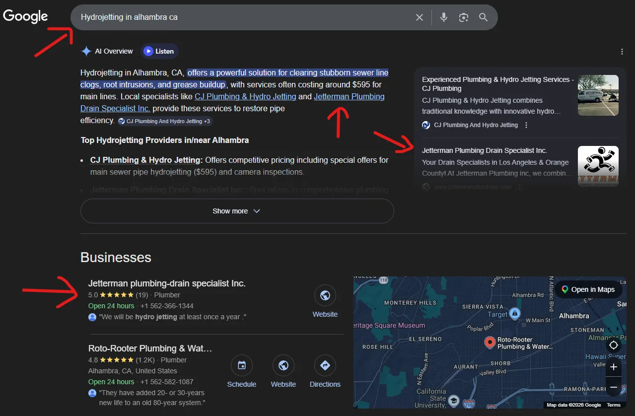 Jetterman Plumbing ranking #1 on Google Search and AI Overview