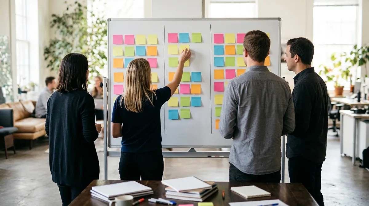 Small team seen from behind reviewing a whiteboard plan with blank sticky notes in a bright office