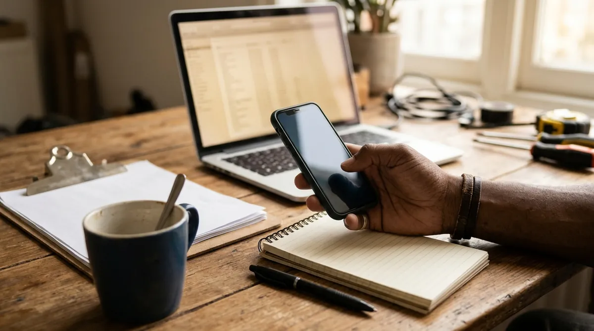 Hands on a phone and a notepad beside a laptop showing a blurred call log at a small office desk
