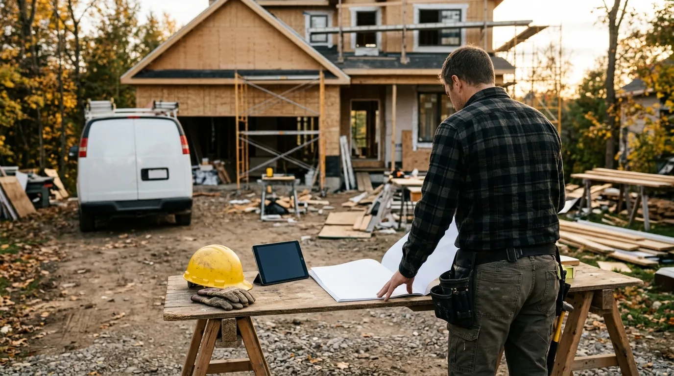 Contractor at a job site table reviewing a printed marketing proposal beside a hard hat and tablet