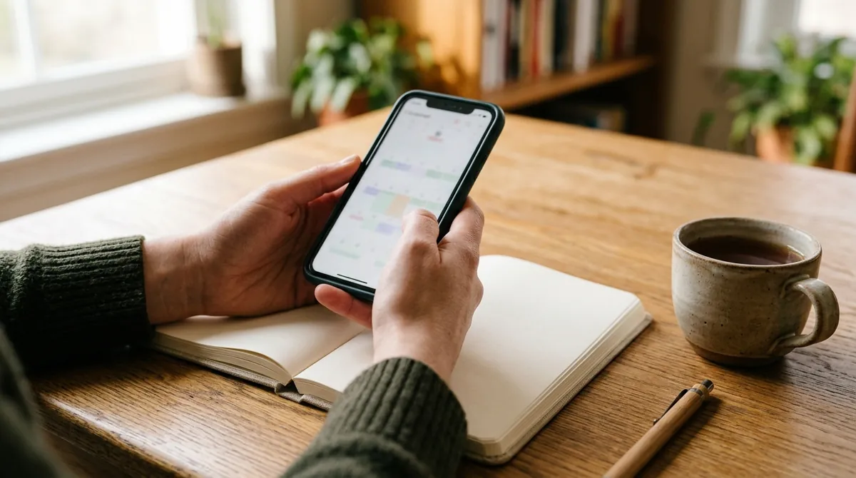 Hands holding a phone with a blurred booking screen next to a notebook and a cup of tea