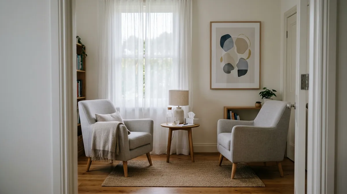 Two empty armchairs facing each other in a quiet room with soft window light and a small side table