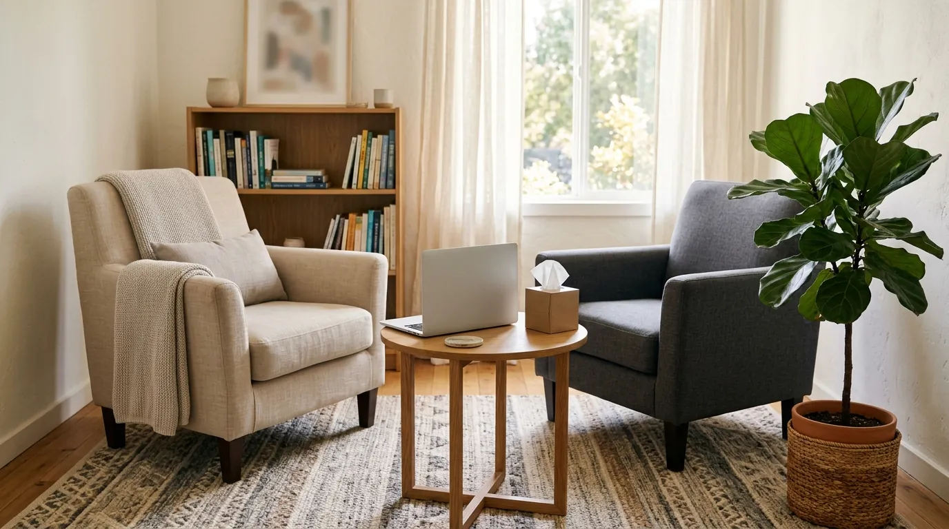 Calm therapy office with two armchairs, a plant and a laptop on a side table in soft daylight