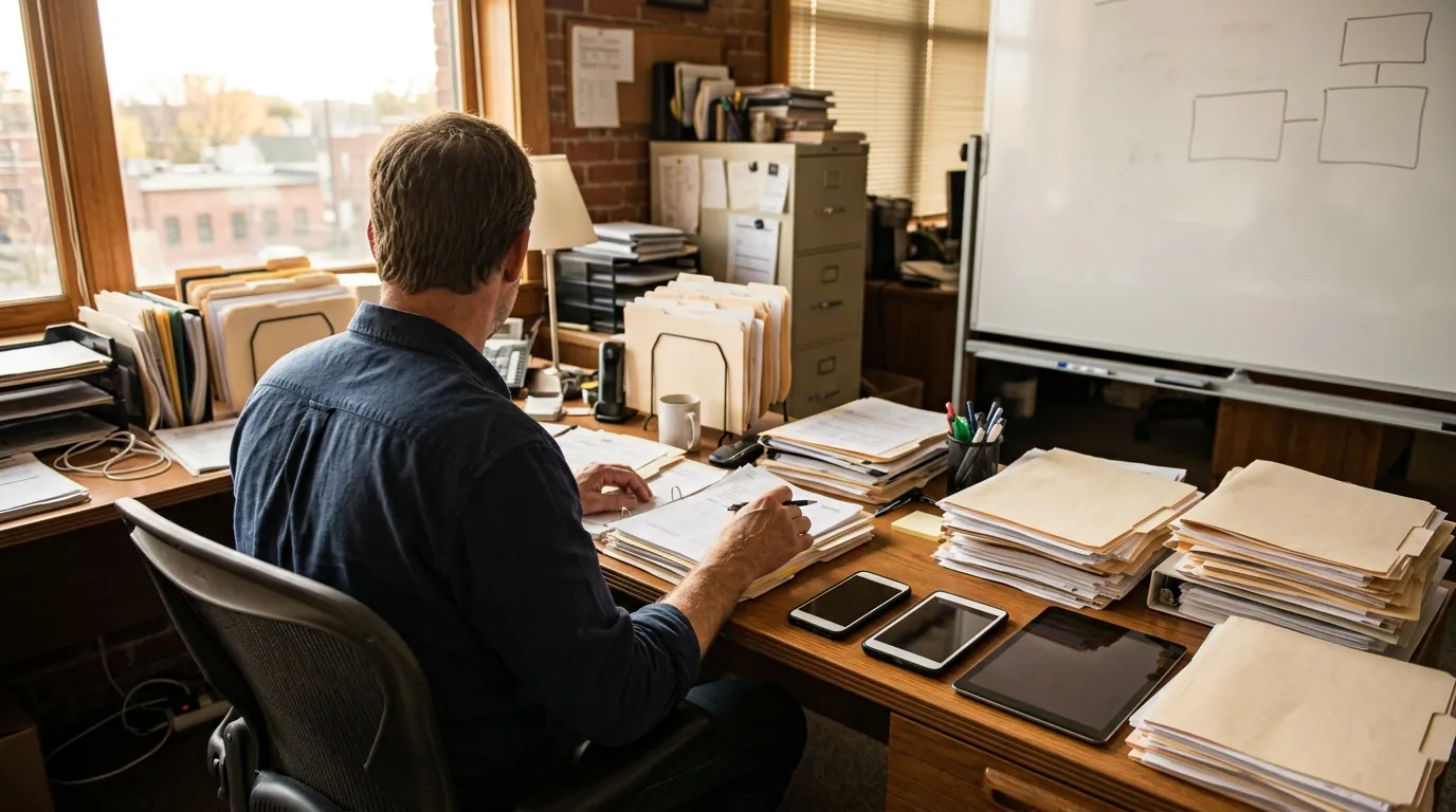 Service business owner at a desk covered in separate reports and devices from different vendors