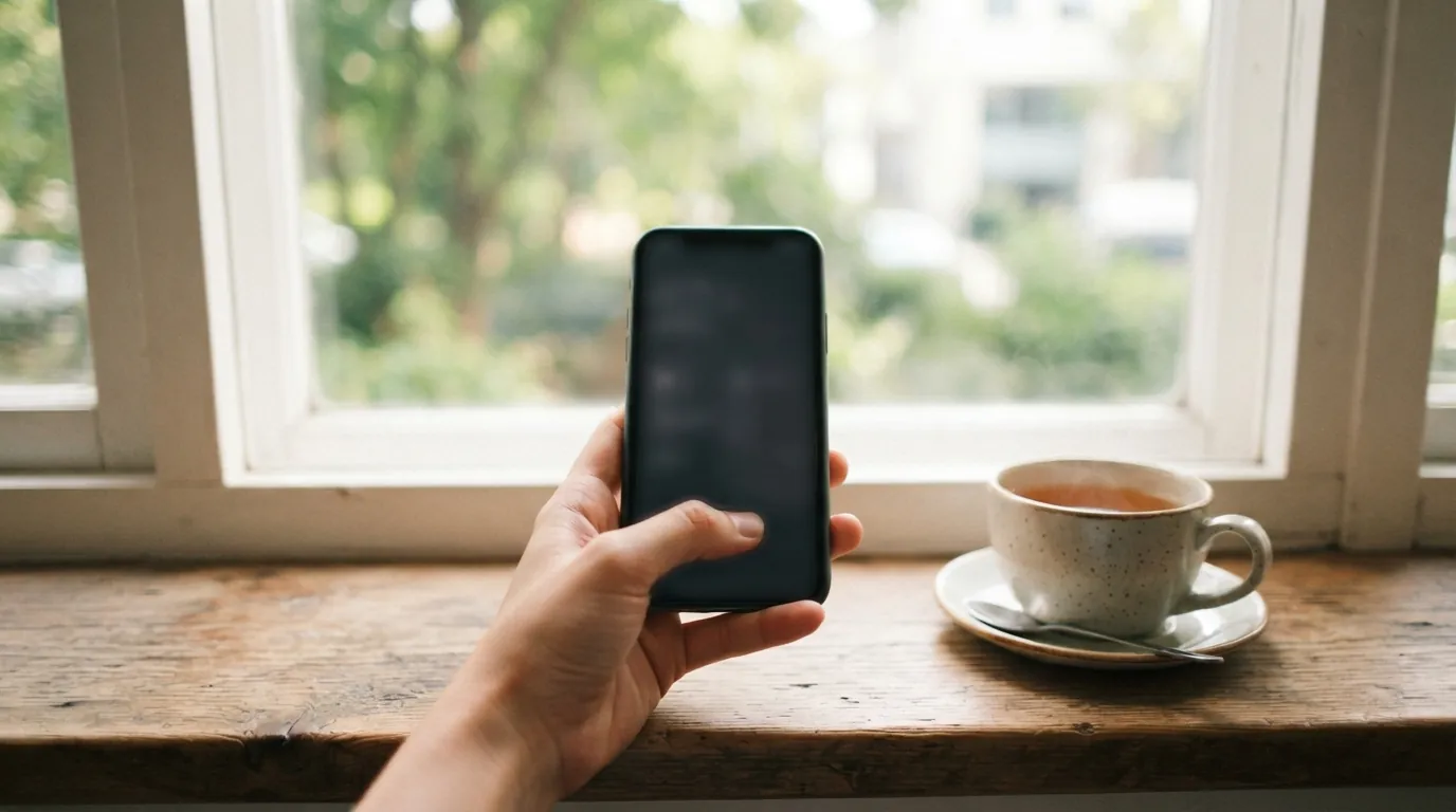 A hand holding a phone near a bright window in a calm office