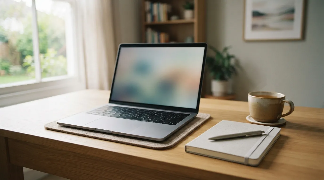 A quiet counselling office desk with a laptop and a notebook