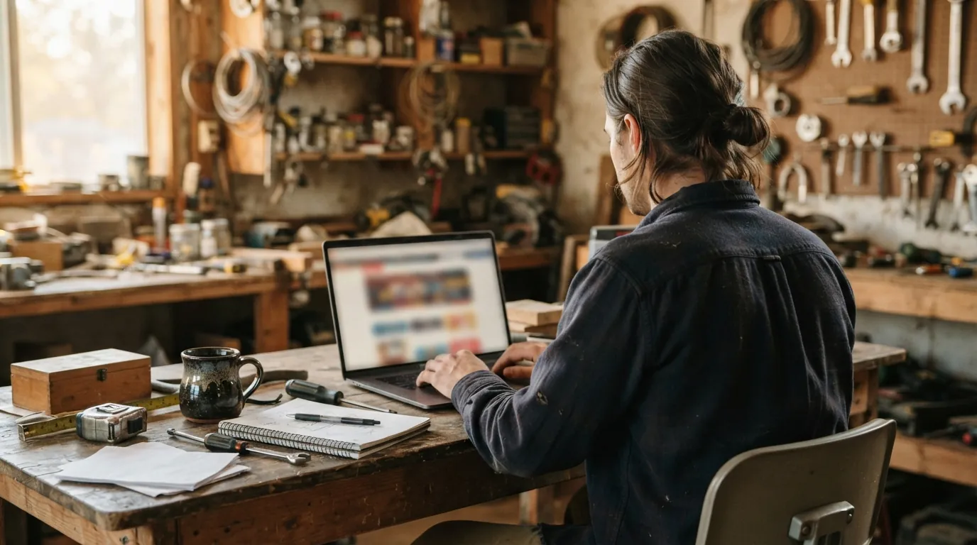 Service business owner at a workshop desk reviewing website traffic on a laptop