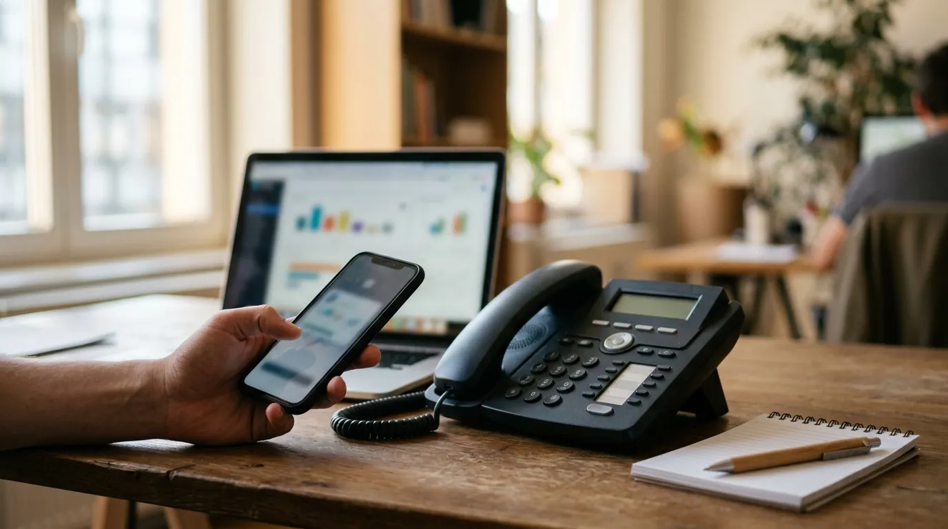 A smartphone and office phone beside a laptop showing a blurred dashboard