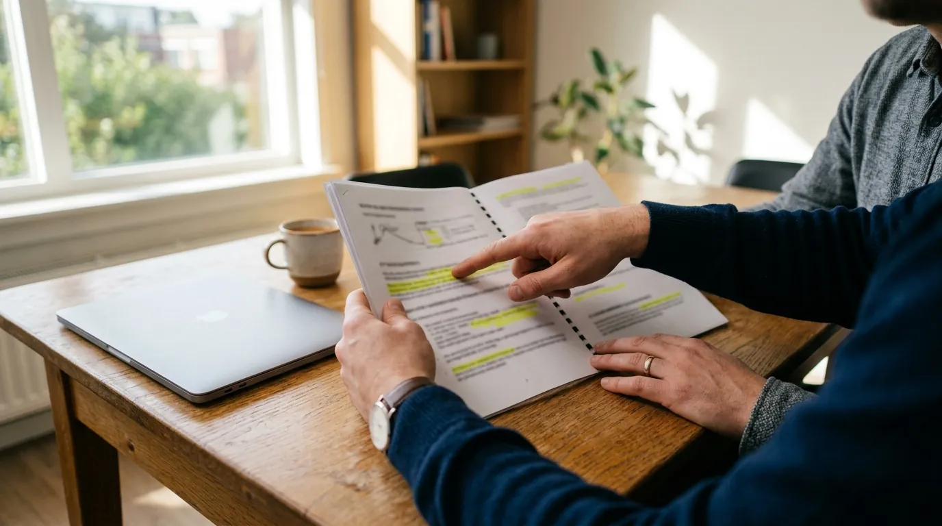 Two people reviewing a printed report together at a small table