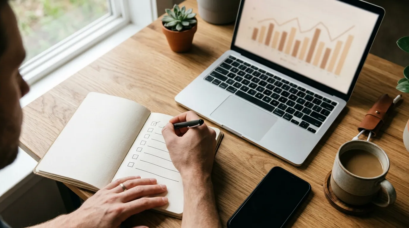 Notebook with a blank checklist, a pen and a laptop showing a marketing chart on a desk